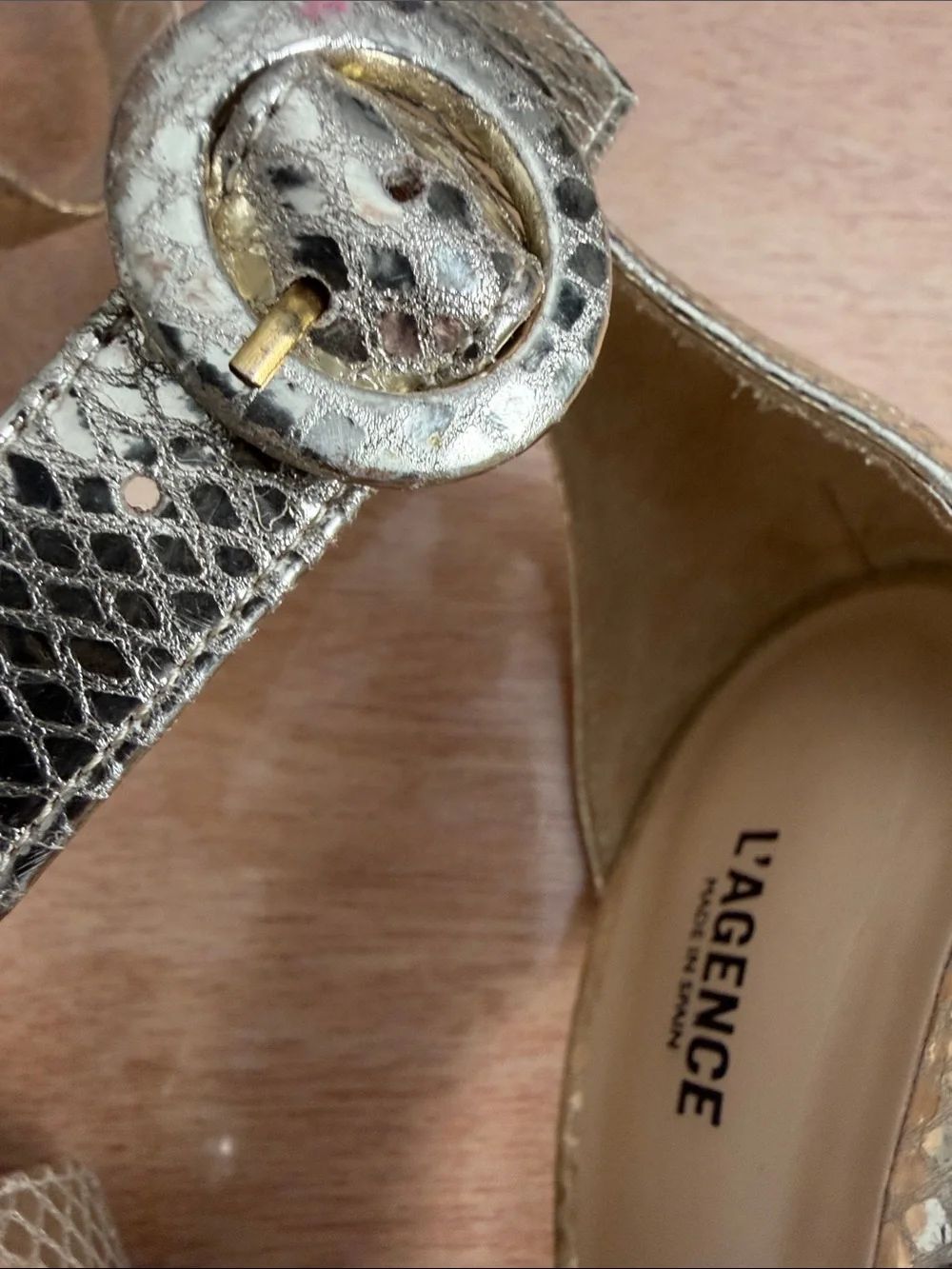L'AGENCE Metallic Gold Snake-Embossed Ankle-Strap Stilettos